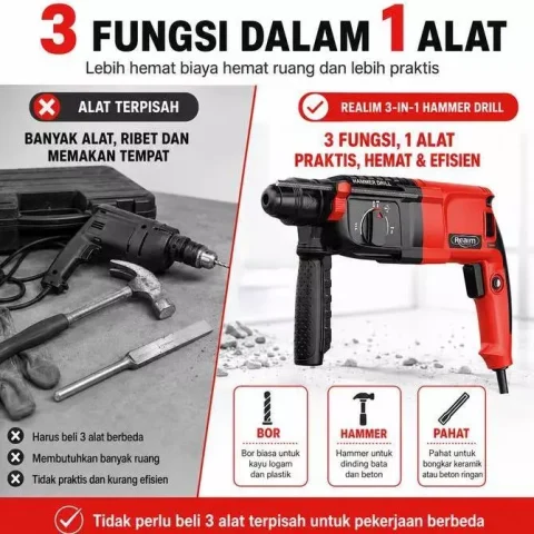 Reaim Impact Drill 800W 3 In 1 Kepala Bor Ganti