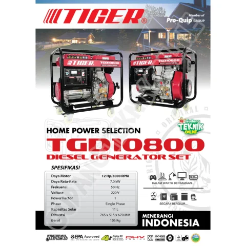 Genset Listrik 7000W DIESEL TIGER TGD10800 SOLAR 7kW