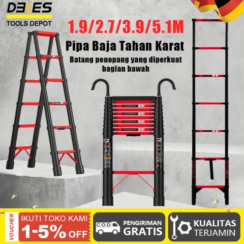 DEKES Tangga Teleskopik Baja Karbon Portabel Lipat