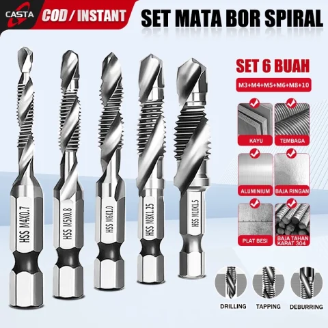 CASTA 6 Pcs Mata Bor Tap Kombinasi Silver Titanium